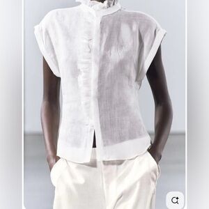 Zara 100% Ramie White Ruffled Blouse